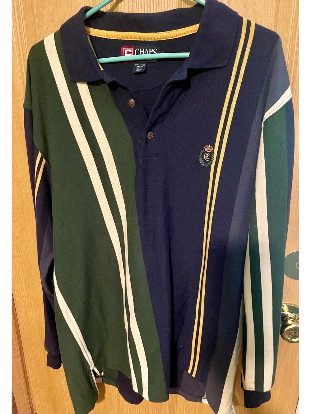 Chaps Rugby Shirt Long Sleeve Polo Green Navy Stripe Crest Men’s XL